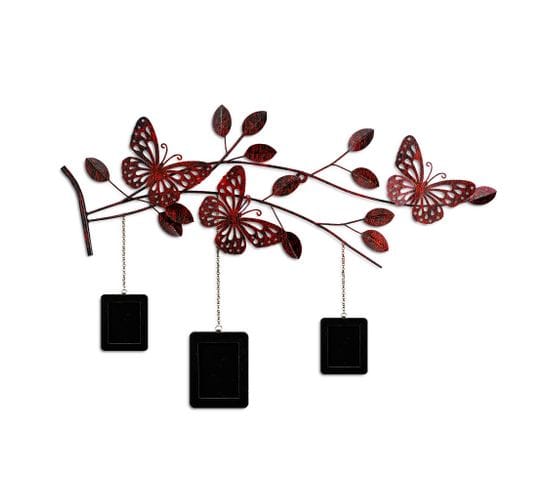 Décoration Et 3 Cadres Muraux, 3 Papillons Sur Branches Yatay L93xh65cm Métal Rouge Et Noir