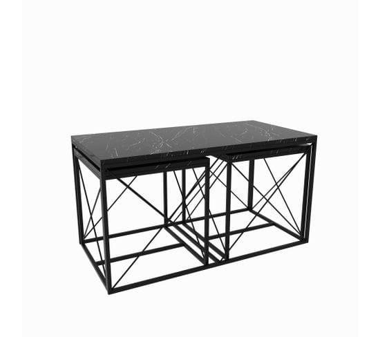 Set De 3 Tables Basses Gigognes Style Industriel Langkawa Métal Noir Et Bois Effet Marbre Noir