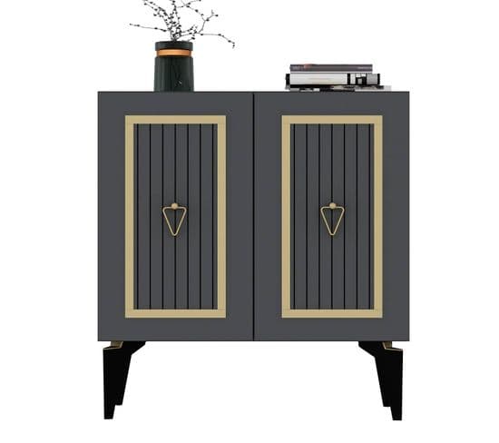 Buffet 2 Portes Design Alpo L75cm Bois Anthracite Motif Géométrique Or