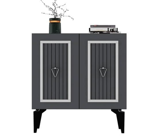 Buffet 2 Portes Design Alpo L75cm Bois Anthracite Motif Géométrique Argent