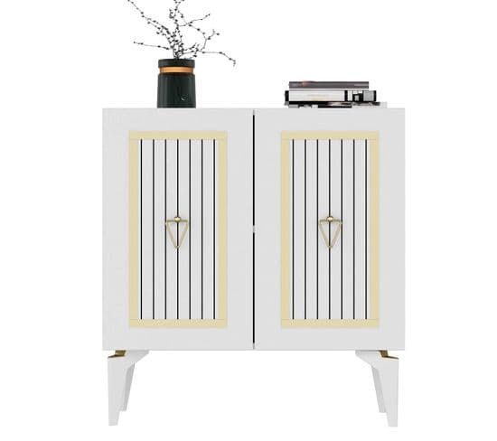 Buffet 2 Portes Design Alpo L75cm Bois Blanc Motif Géométrique Or