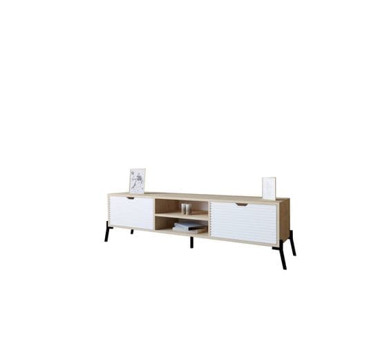 Meuble TV 2 Portes Et 2 Étagères Zirakhi H160xh41cm Bois Chêne Et Blanc