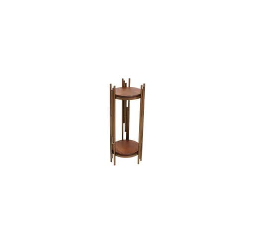 Table D'appoint Ribal D30cm Métal Or Et Bois Massif Foncé