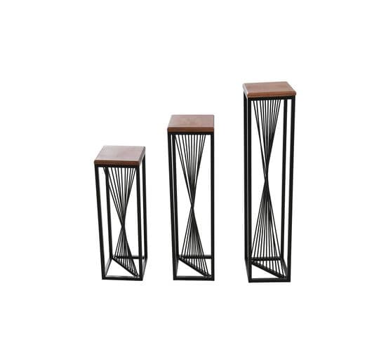 Set De 3 Colonnes Wakina Métal Noir Et Bois Massif Foncé