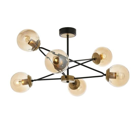 Suspension 6 Lampes Abiga D80cm Métal Or Antique Et Verre Ambré Jaune
