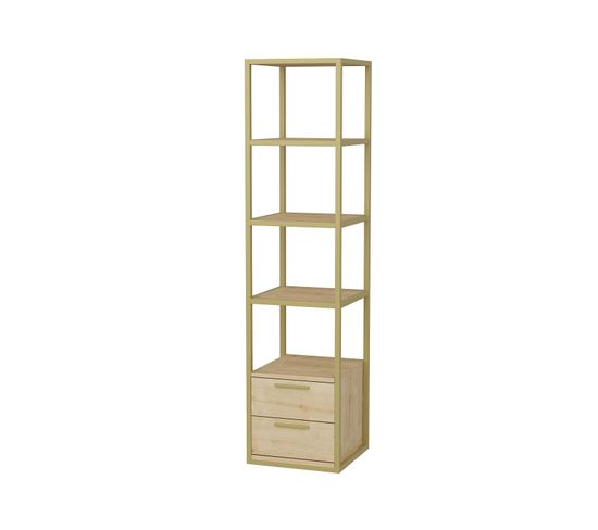 Étagère Bibliothèque à 2 Tiroirs Fefu L39xh160cm Métal Or Et Bois Chêne Clair