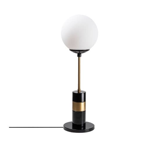 Lampe À Poser Moderne Esace Abat-jour Boule Blanc Opaque Et Métal Noir Et Or