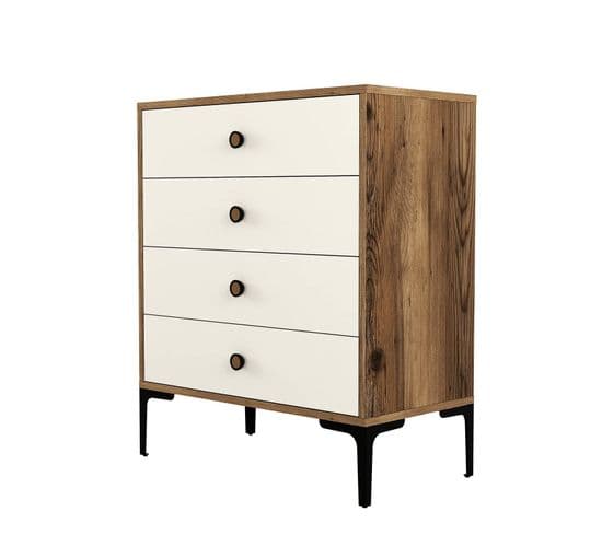 Commode 4 Tiroirs Tullio H90,7cm Bois Et Blanc Crème