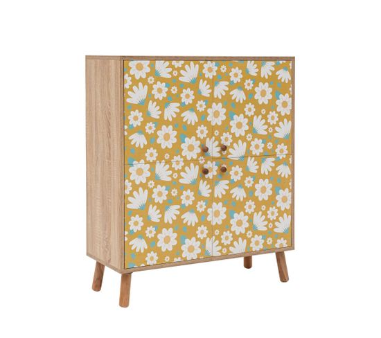 Commode Kaviny L95xh111cm Bois Motif Fleurs Blanc Sur Fond Jaune