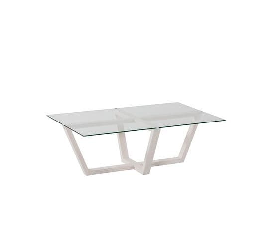 Table Basse Moderne Dinter L105cm Bois Massif Blanc Et Verre Transparent