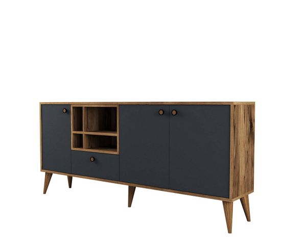 Buffet Moderne 4 Portes Sened L180cm Anthracite Et Bois Foncé