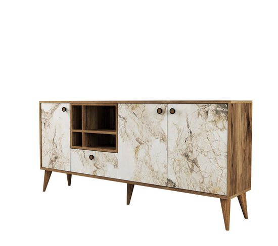 Buffet Moderne 4 Portes Sened L180cm Effet Marbre Blant Et Bois Foncé