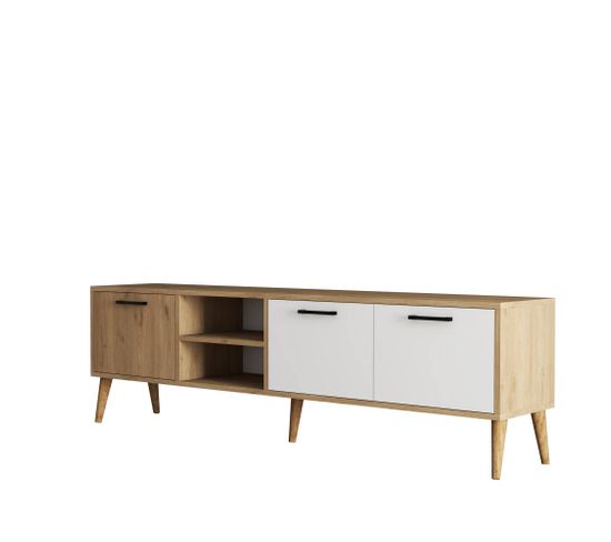 Meuble TV 3 Portes Elena L180cm Chêne Clair Et Blanc