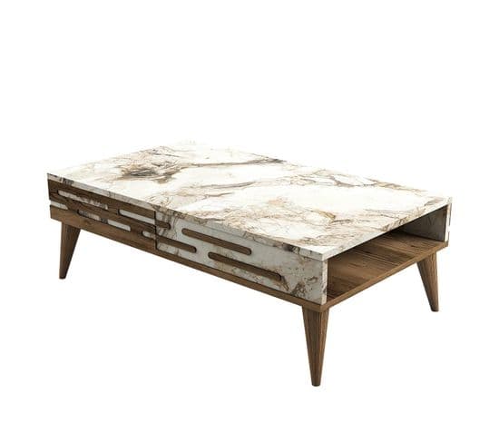 Table Basse Design Oviva L105cm Bois Foncé Et Effet Marbre Blanc