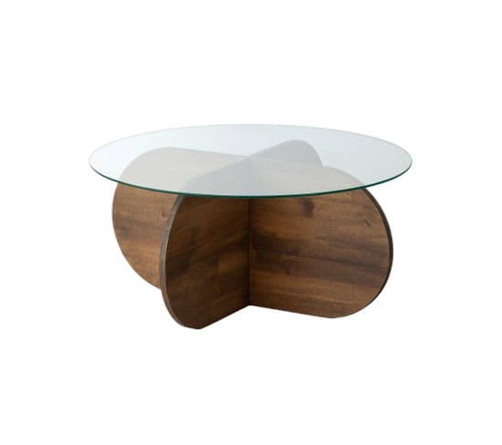 Table Basse Design Venas D75cm Pin Massif Foncé Et Verre Trompé Transparent