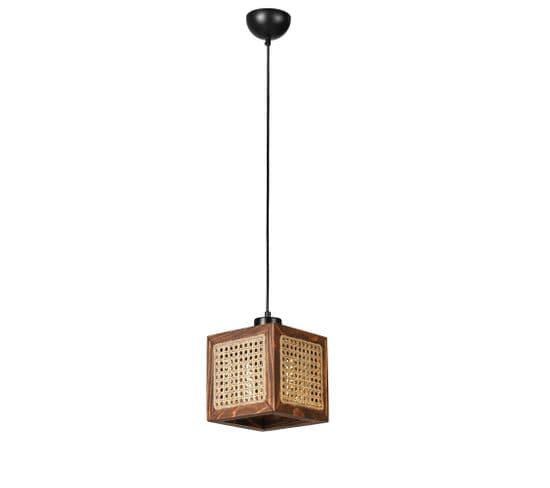 Suspension Moderne à Cannage Guzal L26xh26cm Rotin Naturel Et Bois Foncé