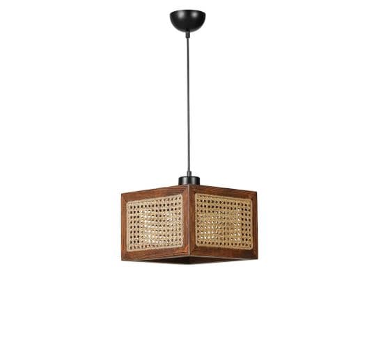 Suspension Moderne à Cannage Guzal L26xh26cm Rotin Naturel Et Bois Foncé