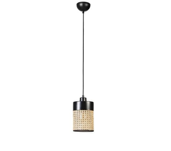 Suspension Moderne Avec Cannage Zeuris D14cm Rotin Naturel Et Métal Noir