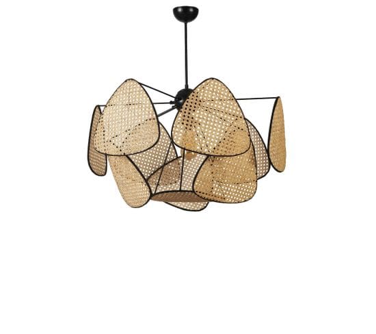 Suspension Style Vintage Avec Cannage Hella L70cm Motif Triangles Rotin Naturel Et Métal Noir