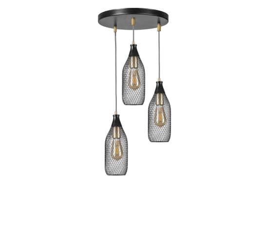 Suspension Style Industriel 3 Ampoules Grillo Abat-jour Bouteille Filaire Métal Noir