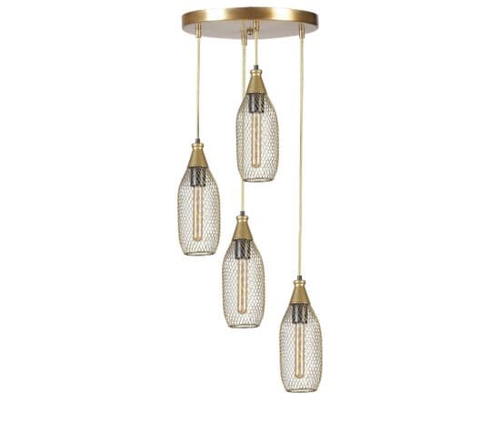 Suspension Style Industriel 4 Ampoules Grillo Abat-jour Bouteille Filaire Métal Or