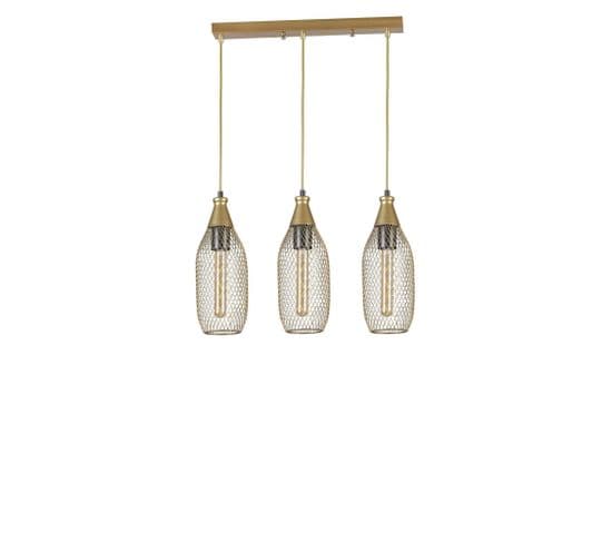 Suspension Style Industriel 3 Ampoules Grillo Abat-jour Bouteille Filaire Métal Or