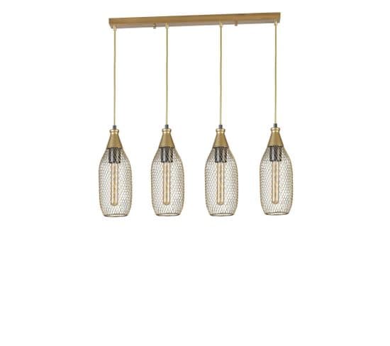 Suspension Style Industriel 4 Ampoules Grillo Abat-jour Bouteille Filaire Métal Or