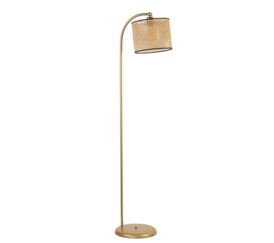 Lampadaire Arc Moderne Izra H154cm Abat Jour à Cannage Beige Avec Support Métal Or