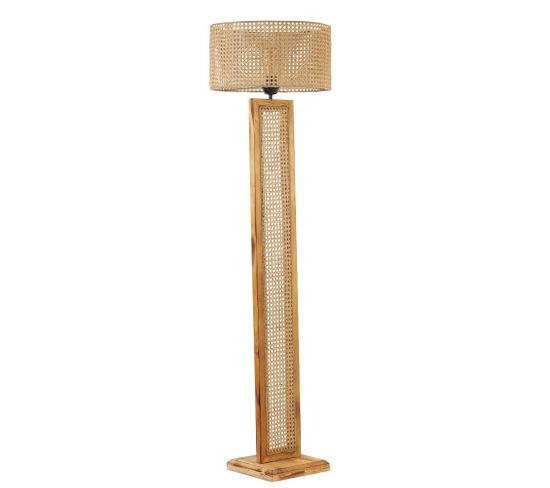 Lampadaire Design Robian H150cm Avec Cannage Beige Et Bois Foncé