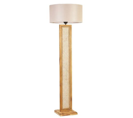 Lampadaire Design Robian H150cm Abat Jour Beige Et Support Avec Cannage Bois Clair