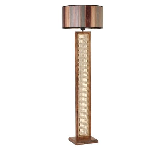 Lampadaire Design Robian H150cm Abat Jour Effet Lambris Et Support Avec Cannage Bois Foncé