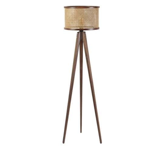 Lampadaire Trépied Gykati H155cm Abat Jour à Cannage Rotin Beige Et Support Bois Foncé