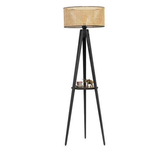 Lampadaire Design Avec Table D'appoint Intégrée Trepido L155cm Abat Jour à Cannage Beige Avec Suppor