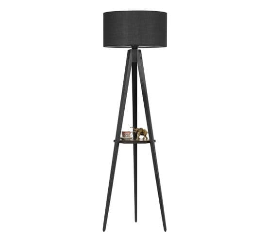 Lampadaire Design Avec Table D'appoint Intégrée Trepido L155cm Abat Jour Noir Avec Support Bois Noir
