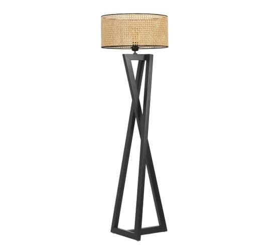 Lampadaire Design Ciol H166cm Abat Jour à Cannage Beige Avec Support Bois Noir