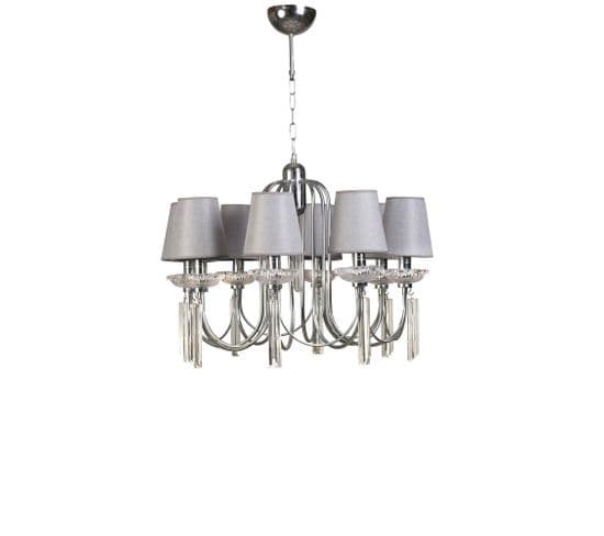 Lustre Américain Classique 8 Ampoules Donal D65cm Verre Transparent, Tissu Gris Et Métal Chrome