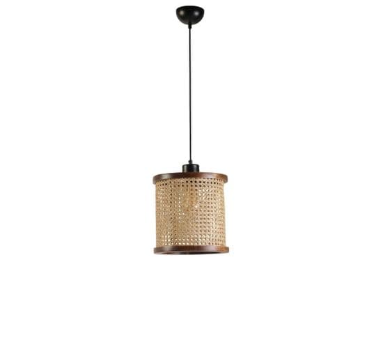 Suspension Gykati D25cm Abat Jour Avec Cannage Beige Et Bois Foncé