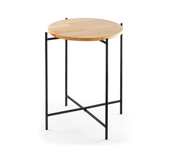 Table Basse Ronde Style Industriel Antula D46cm Bois Clair Et Métal Noir