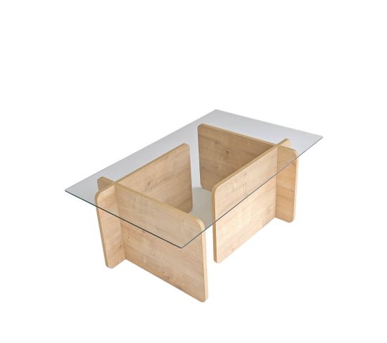 Table Basse Design Gelpio 150x65cm Bois Clair Et Verre Transparent