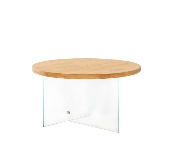 Table Basse Ronde Saky D70cm Bois Chêne Clair Et Verre Transparent