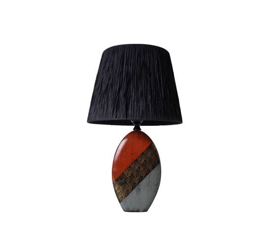 Lampe à Poser Design Yolly D33cm Tissu Noir Et Céramique Motif Africain Rouge, Noir Et Gris