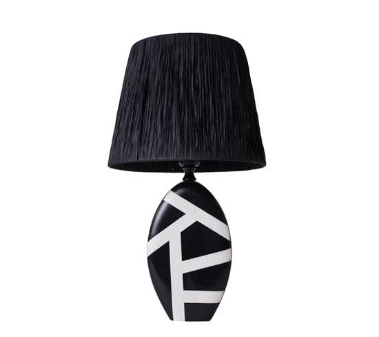 Lampe à Poser Design Yolly D33cm Tissu Noir Et Céramique Motif Géométrique Blanc Et Noir