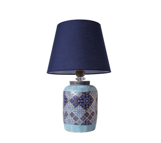 Lampe à Poser Moderne Tolina D30cm Tissu Bleu Foncé Et Céramique Motif Faïence Bleu, Turquoise Et Or