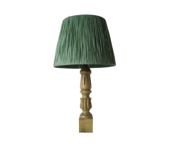 Lampe à Poser Style Vintage Hany D33cm Bois Tourné Et Tissu Vert