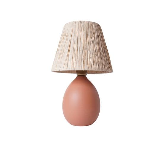 Lampe à Poser Moderne Evalia D24cm Raphia Beige Et Céramique Orange