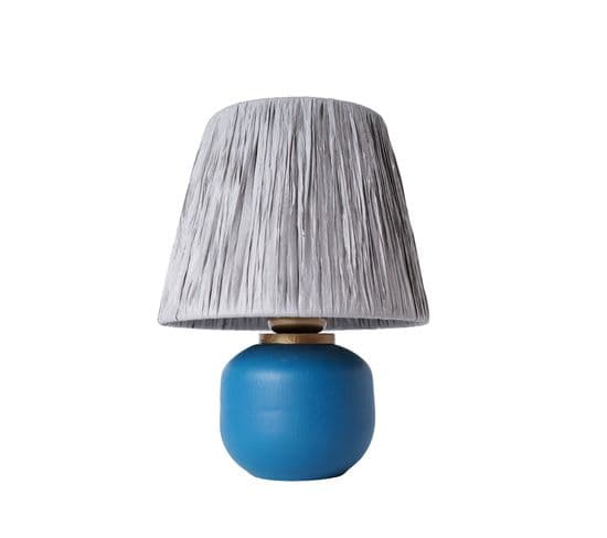 Lampe à Poser Style Contemporain Havany D20cm Abat Jour Tissu Gris Avec Base Céramique Bleu