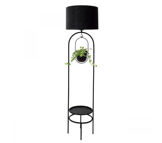 Lampadaire Design Avec Table D'appoint Et Porte Pot Intégrés Grimy H145cm Métal Noir