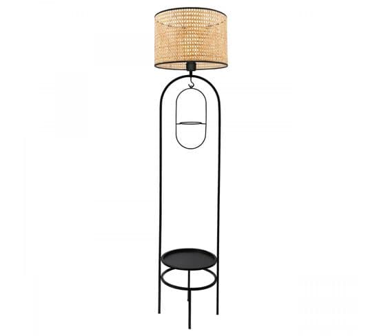 Lampadaire Design LED Avec Table D'appoint Et Porte Pot Intégrés Grimo H145cm Abat Jour à Cannage Ro