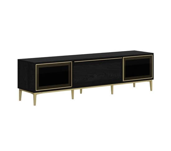 Meuble TV Moderne 2 Portes Vitrées Bakita L180cm Noir Et Or