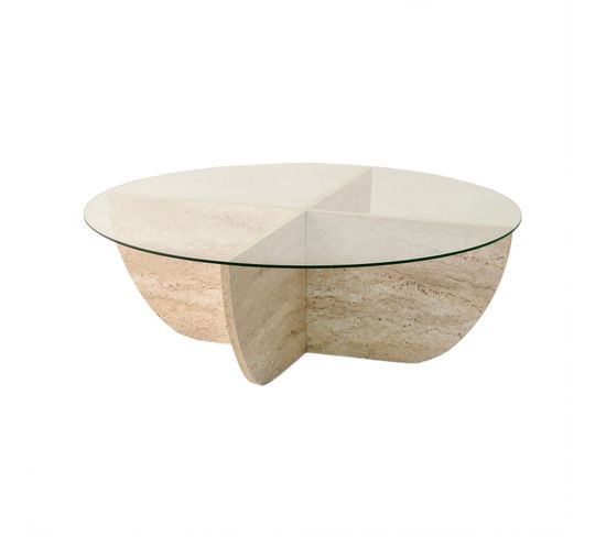 Table Basse Ronde Design Luxy D90cm Verre Transparent Et Effet Travertin Beige